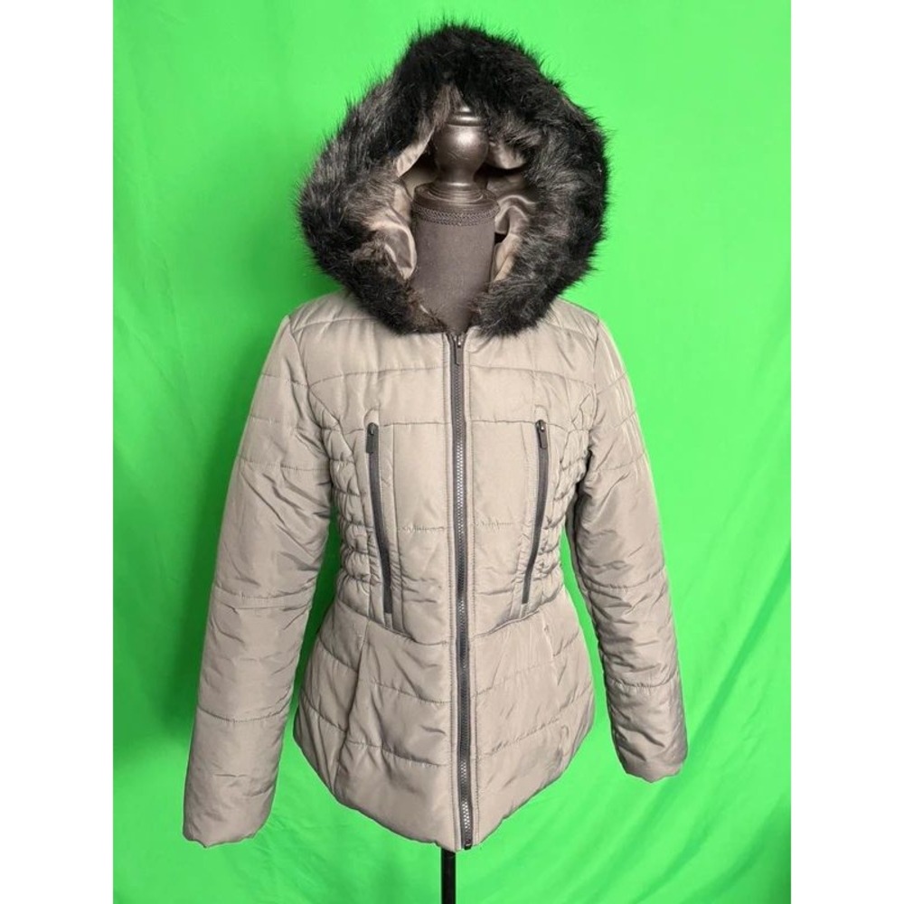Celebrity Pink Women's Small Gray Puffer Jacket Faux Fur Hood Zip Winter Coat
